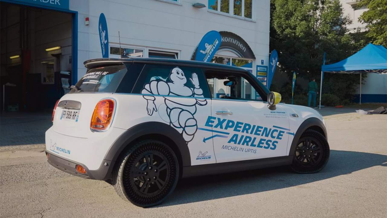 Michelin shows off its airless Uptis tire fitted to a Mini
