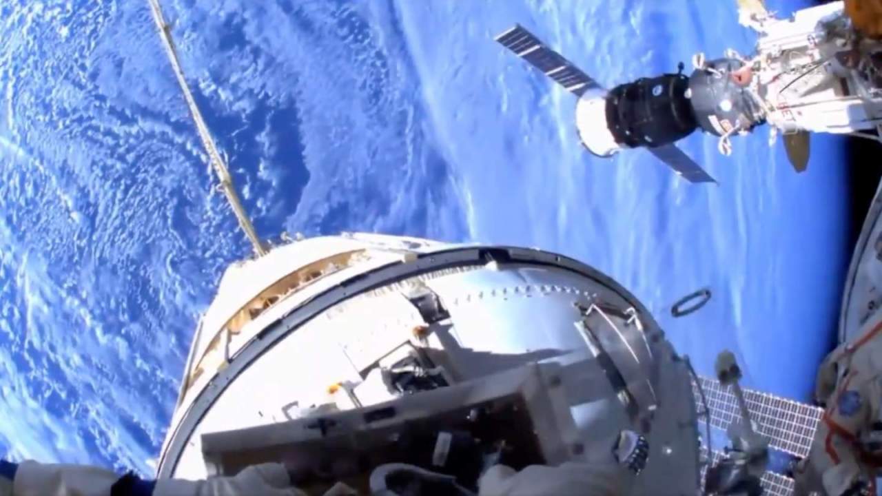 An ISS spacewalk is underway and the helmet-cam video is mesmerizing